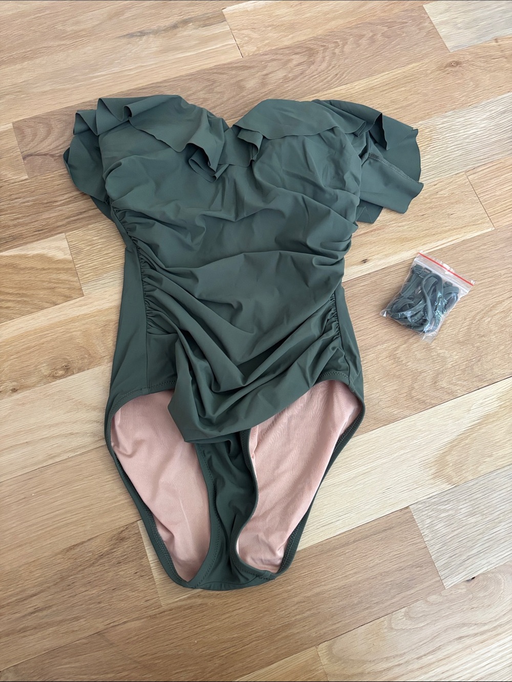 J. Crew Olive Strapless Green Ruffled One-Piece